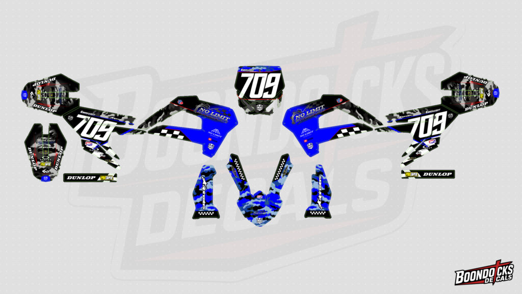 No Limit Blue Camo Racing Graphics Kit for CX50 JR – Custom Motocross Decals
