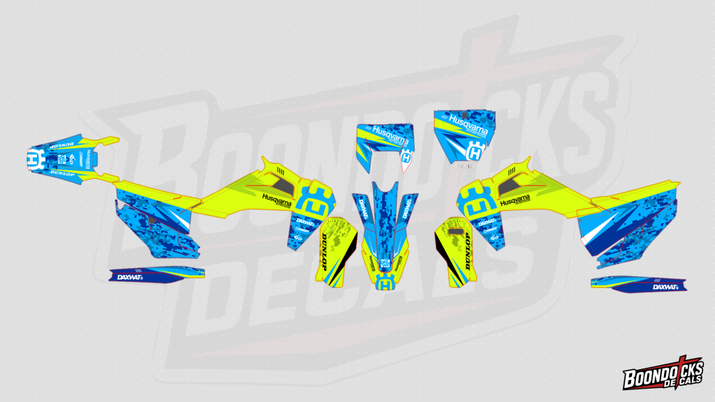 Husqvarna FC 450 Decal Kit – High-Vis Neon Yellow & Digital Camo Blue Factory Wrap – design preview
