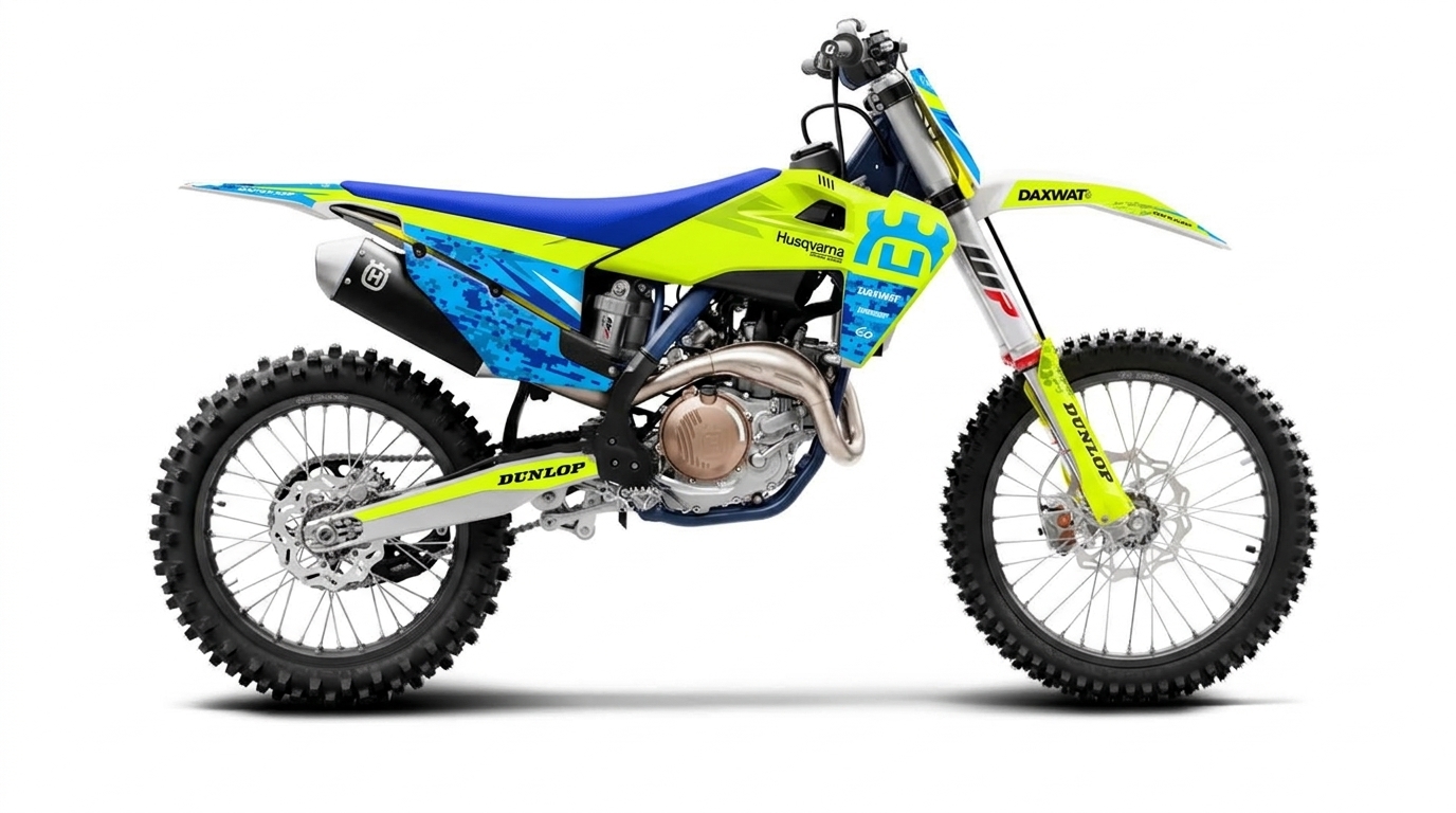 Husqvarna FC 450 Decal Kit – High-Vis Neon Yellow & Digital Camo Blue Factory Wrap installed on a dirt bike