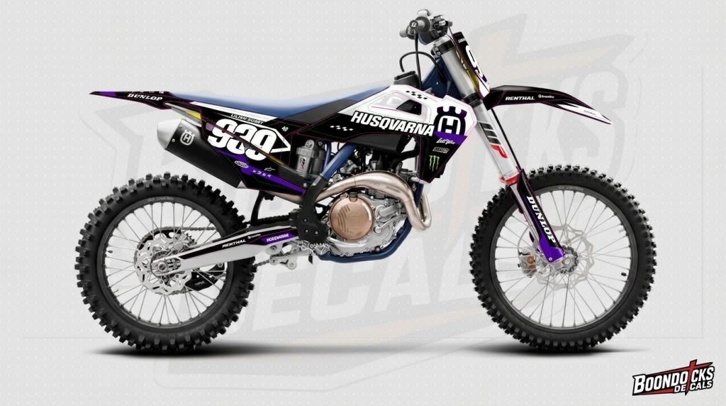 Husqvarna FC 450 Decal Kit – White, Black & Purple Monster Energy Racing Wrap installed on a dirt bike