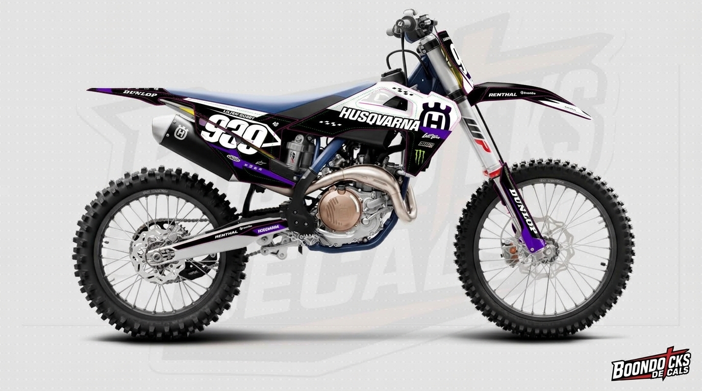 Husqvarna FC 450 Decal Kit – White, Black & Purple Monster Energy Racing Wrap installed on a dirt bike