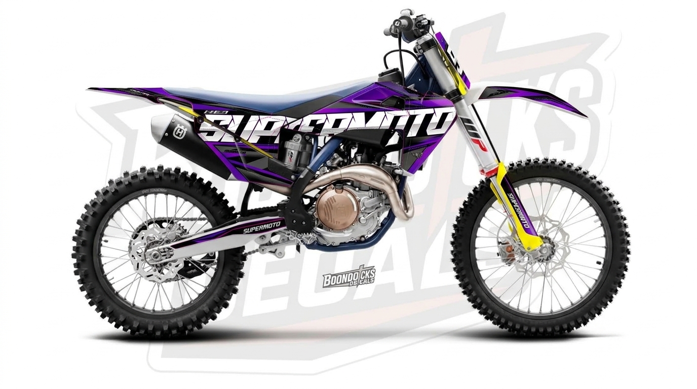 Husqvarna FC 450 Decal Kit – Electric Violet & Black Supermoto Wrap installed on a dirt bike