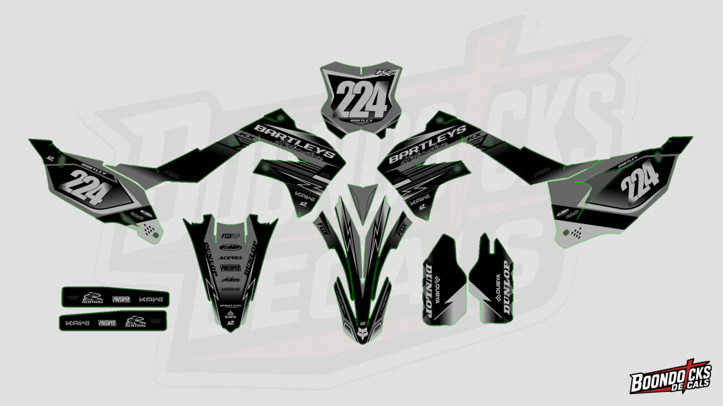 Kawasaki KX450 Bartleys Automotive Monochrome Stealth Graphics Kit – Fox & Bartley #224 Decals – design preview