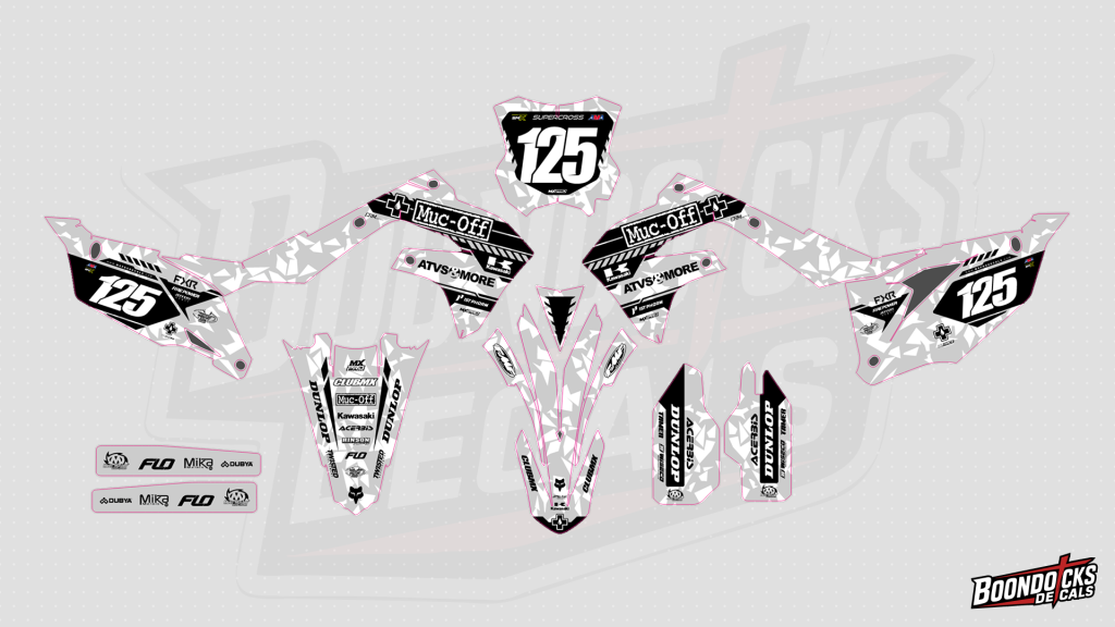Kawasaki KX450 White Camo Camouflage Graphics Kit – Muc-Off & ClubMX #125 Decals – design preview