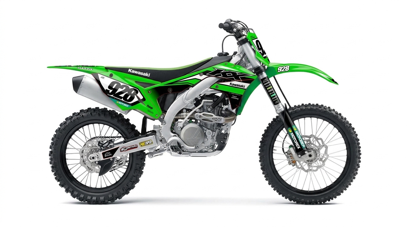 Kawasaki KX450 Factory Edition Graphics Kit – Maxxis & Motorex #928 Decals installed on a dirt bike