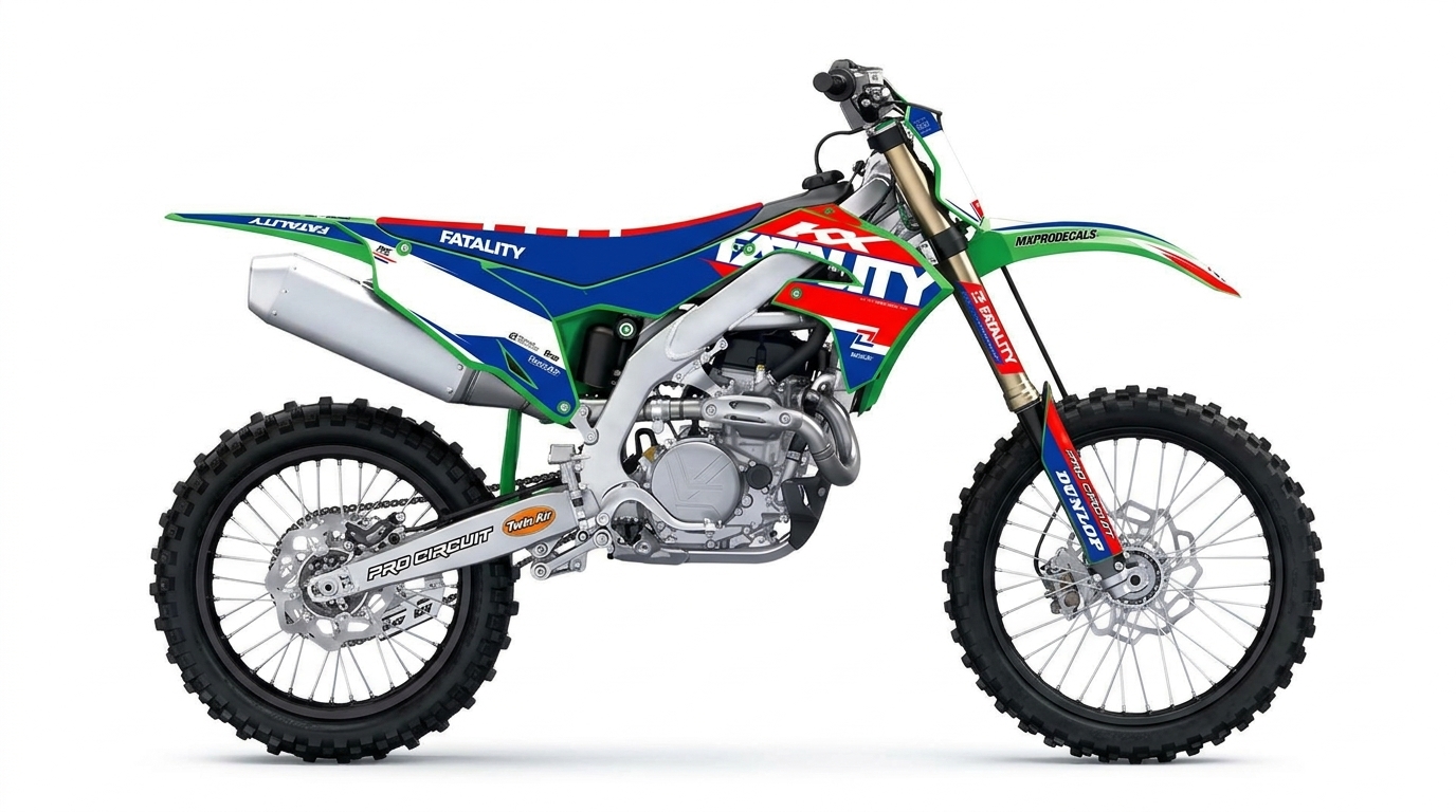 Kawasaki KX450 Fatality Edition Graphics Kit – Red, White & Blue Racing Decals installed on a dirt bike