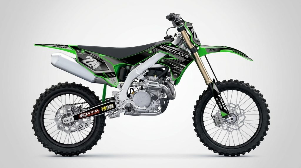 Kawasaki KX450 Bartleys Automotive Monochrome Stealth Graphics Kit – Fox & Bartley #224 Decals installed on a dirt bike