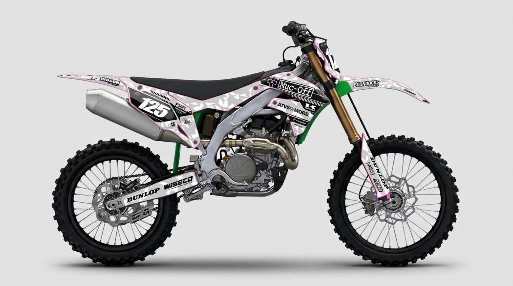 Kawasaki KX450 White Camo Camouflage Graphics Kit – Muc-Off & ClubMX #125 Decals installed on a dirt bike