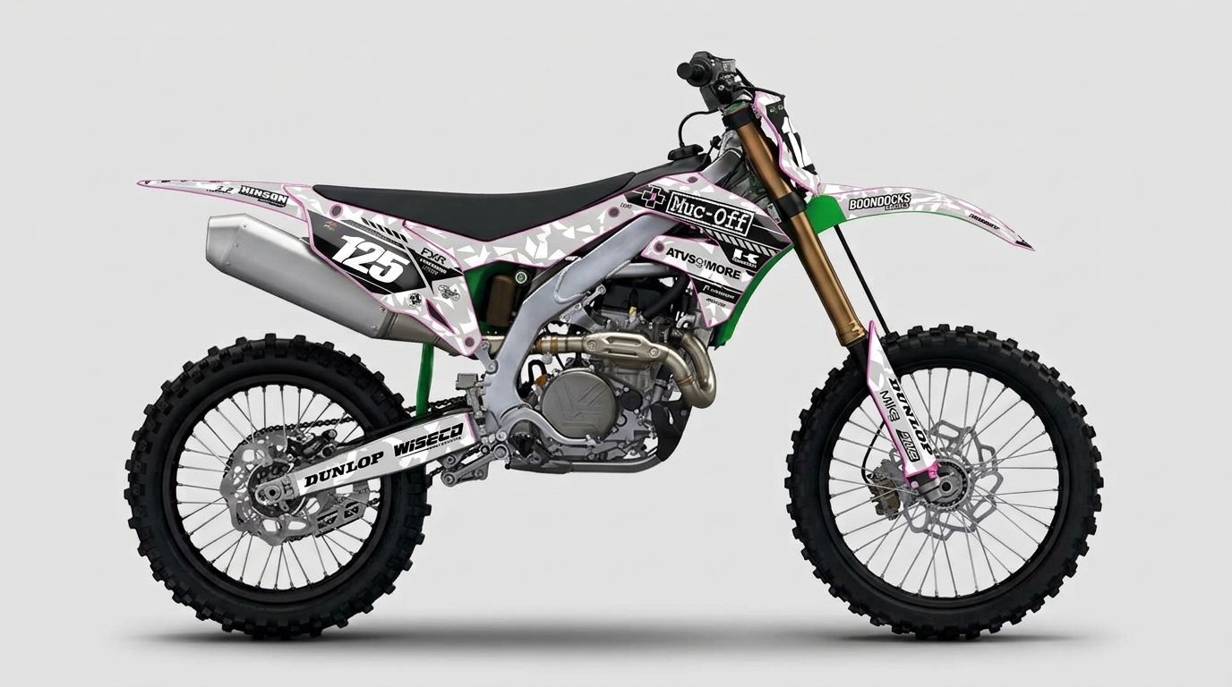 Kawasaki KX450 White Camo Camouflage Graphics Kit – Muc-Off & ClubMX #125 Decals installed on a dirt bike