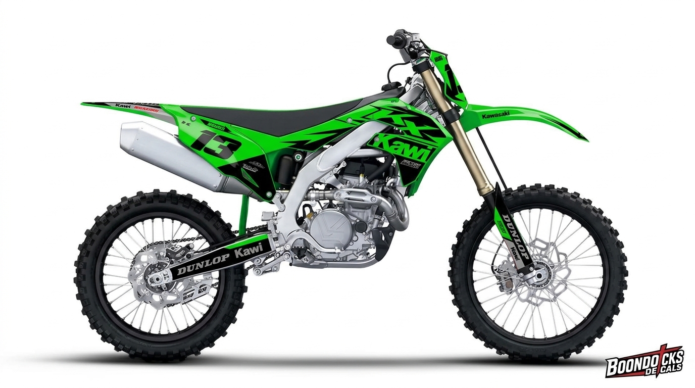 Kawasaki KX450 Factory Kawi Lime Green Graphics Kit – BDUBS #13 Decals installed on a dirt bike