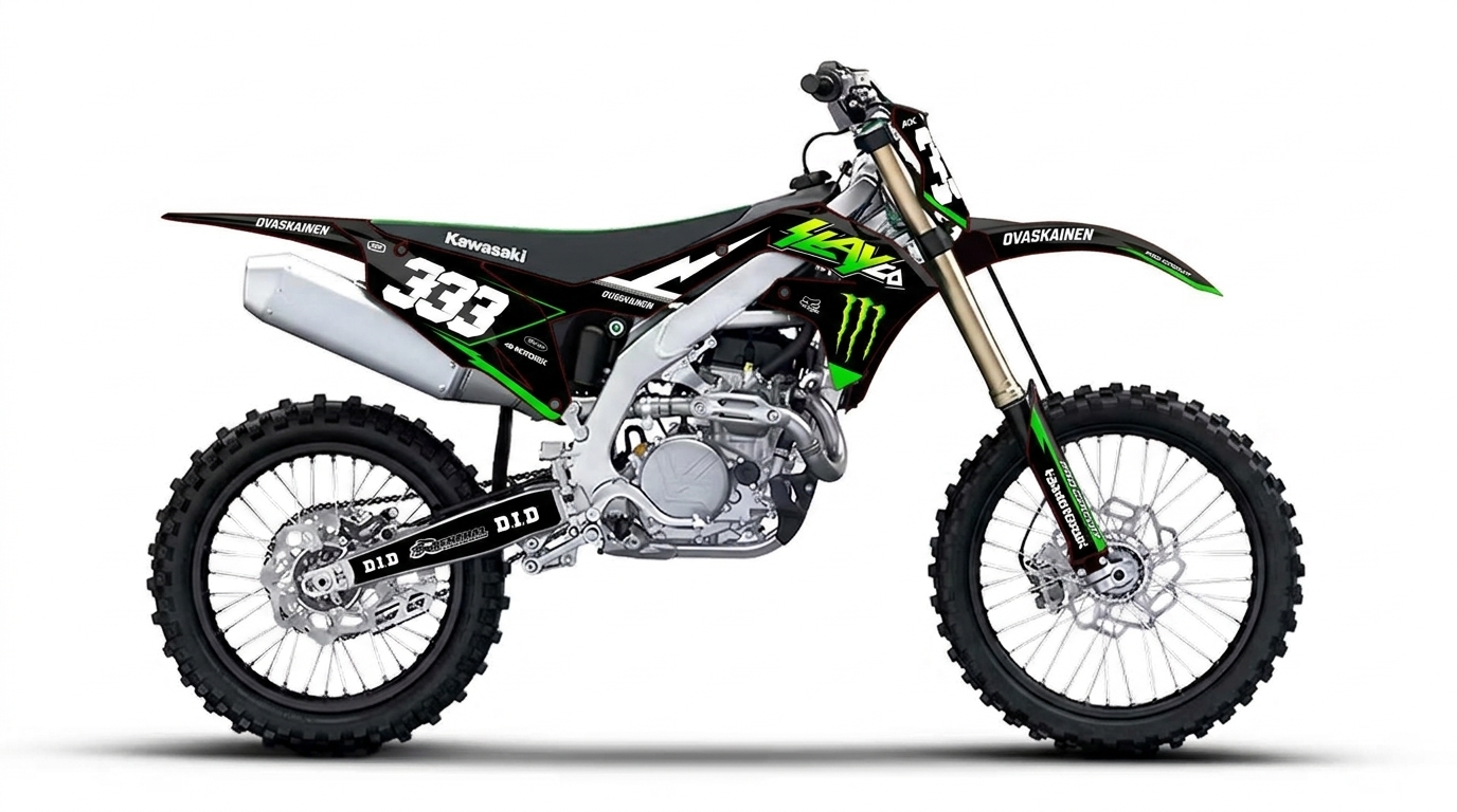 Kawasaki KX450 SlayCo Stealth Edition Graphics Kit – Ovaskainen #333 Decals installed on a dirt bike