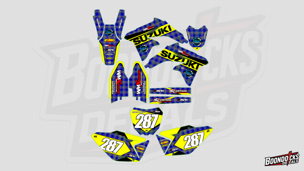 SUZUKI RM-Z450 Custom Motocross Graphics Kit – #287 Blue Plaid & Neon Yellow Race Design