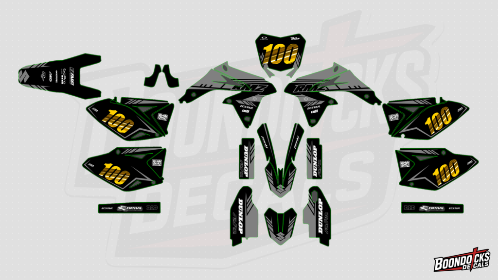 Suzuki RM-Z250 #100 Black Green Yellow Motocross Graphics Kit | Boondocks Decals