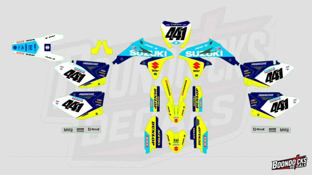 SUZUKI RM-Z450 Custom Motocross Graphics Kit – #443 Cyan Blue, Neon Yellow & White Race Design