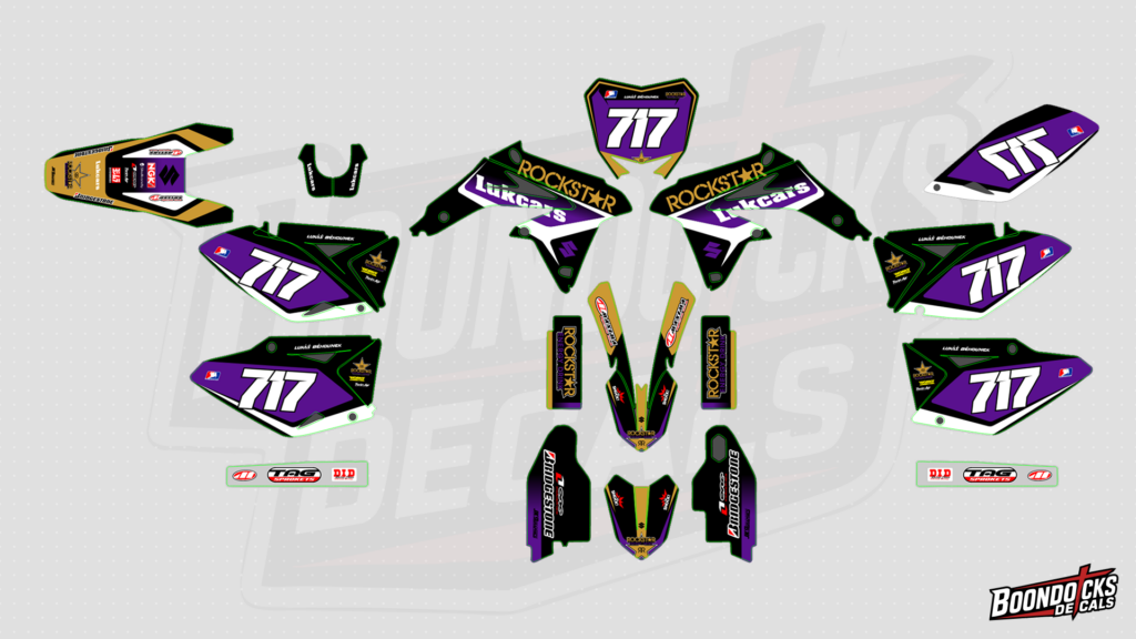 SUZUKI RM-Z450 Custom Motocross Graphics Kit – #777 Purple, Black & Gold Rockstar Race Design