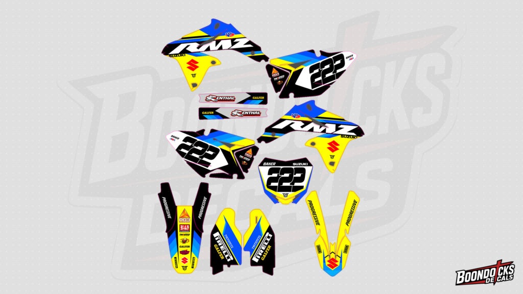 SUZUKI RM-Z450 Custom Motocross Graphics Kit – #222 Yellow, Blue & Black Factory Race Design