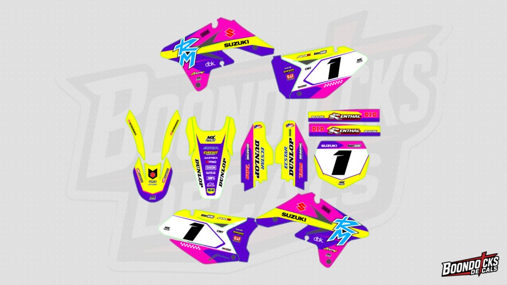 SUZUKI RM-Z250 Custom Motocross Graphics Kit – #1 Neon Yellow, Pink & Purple Race Design