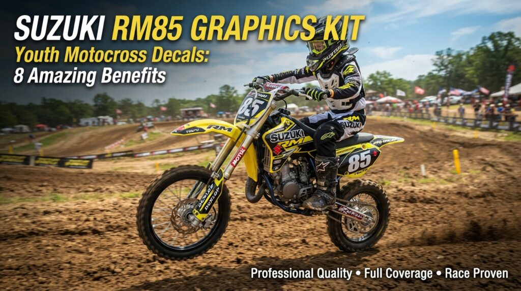 Suzuki RM85 Graphics Kit – Youth Motocross Decals with personalized race number and rider graphics