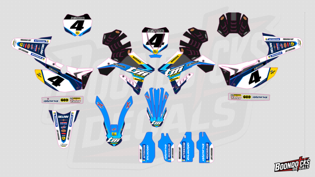 TM Racing MX 250 Custom Motocross Graphics Kit – #4 Blue, White & Black Race Design
