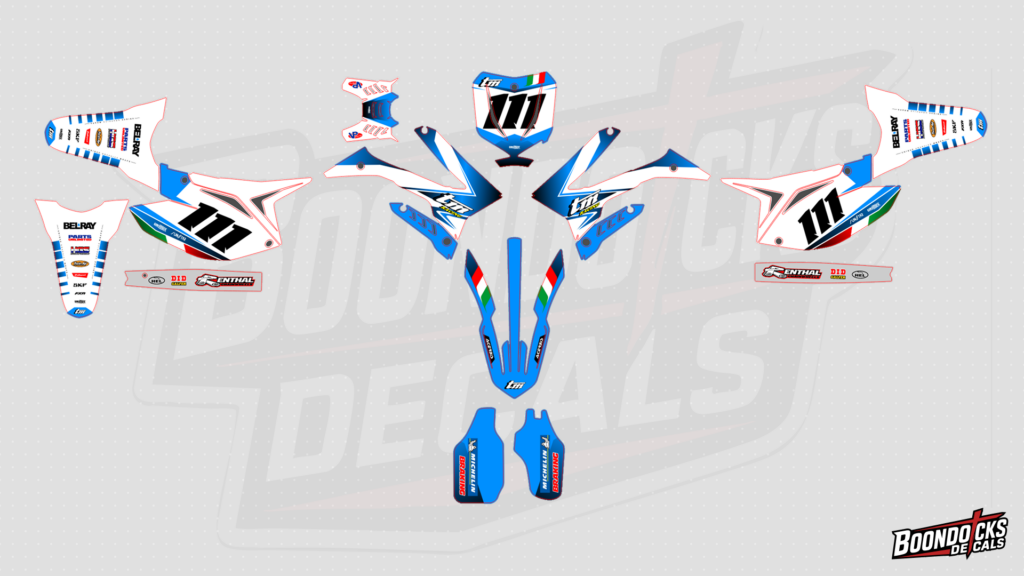 TM Racing MX 250 Custom Motocross Graphics Kit – Blue, White & Italian Race Design
