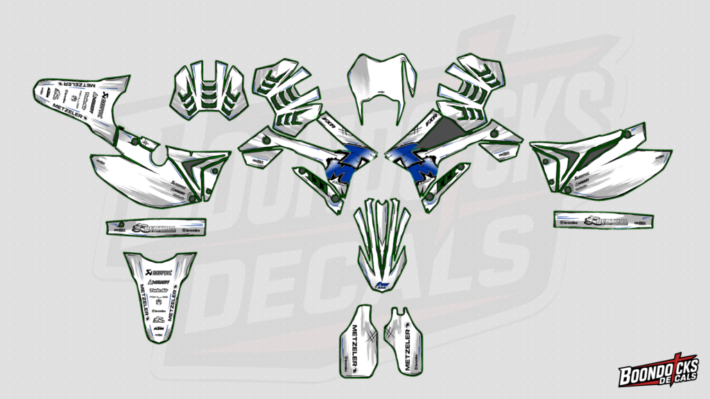 TM Racing MX 250 Custom Motocross Graphics Kit – White, Green & Blue Factory Race Design