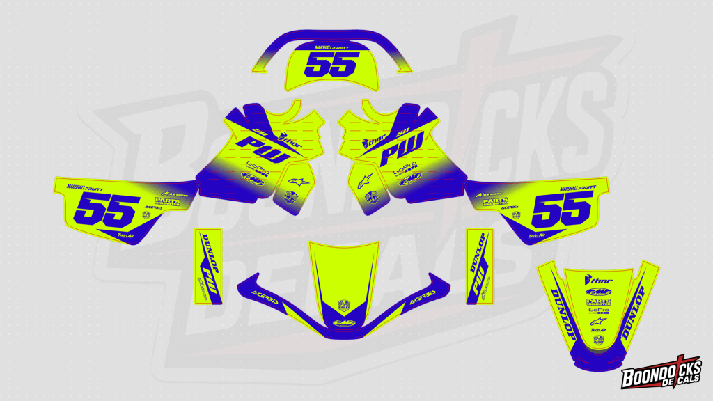 Yamaha PW50 Hi-Vis Neon Yellow & Royal Blue Gradient Custom Motocross Full Coverage Graphics Kit – design preview