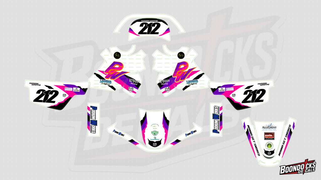 Yamaha PW50 White, Hot Pink & Purple Retro Custom Motocross Full Coverage Graphics Kit – design preview