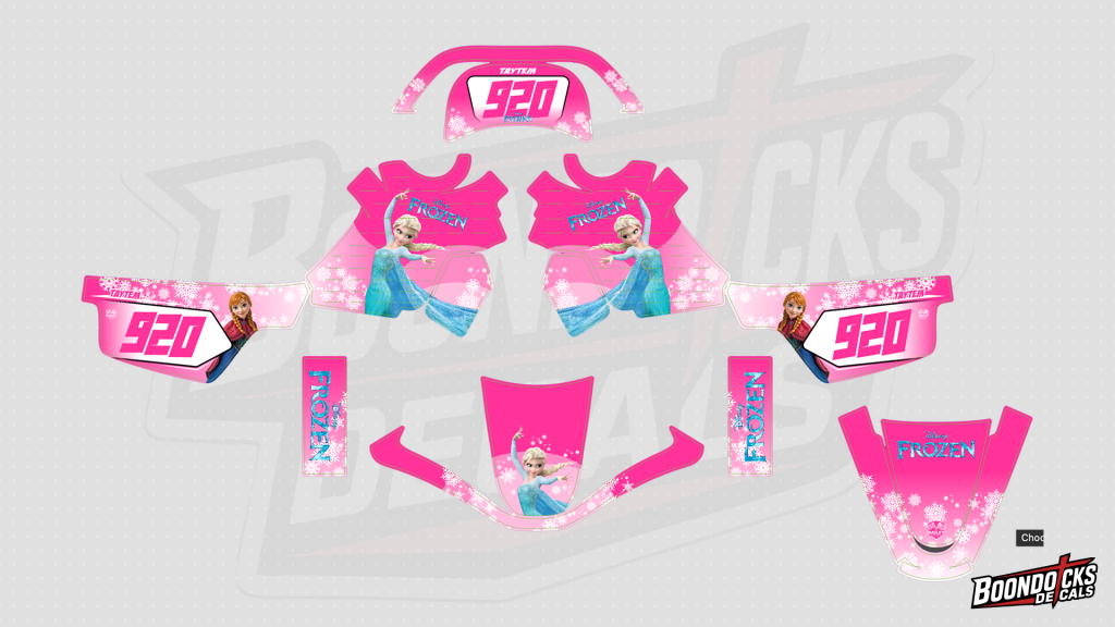 Yamaha PW50 Disney Frozen Pink & Snowflake Custom Motocross Full Coverage Graphics Kit – design preview