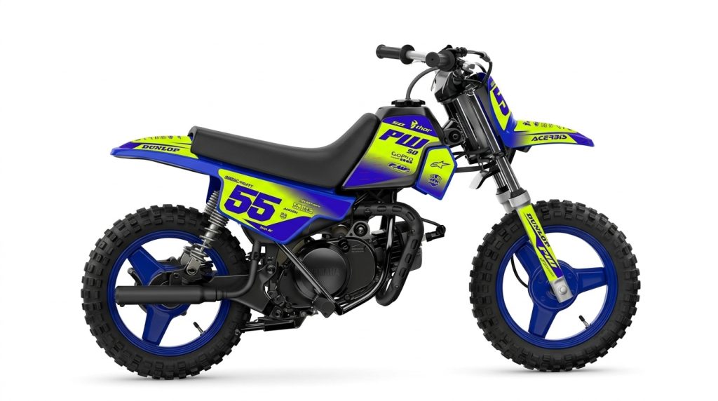 Yamaha PW50 Hi-Vis Neon Yellow & Royal Blue Gradient Custom Motocross Full Coverage Graphics Kit installed on a dirt bike