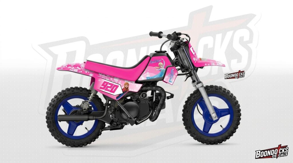 Yamaha PW50 Disney Frozen Pink & Snowflake Custom Motocross Full Coverage Graphics Kit installed on a dirt bike