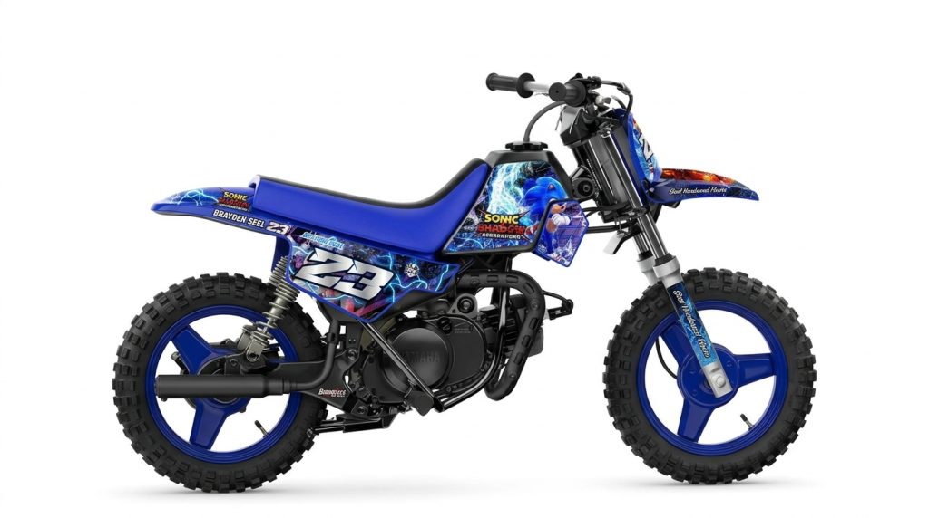 Yamaha PW50 Sonic & Shadow Lightning Custom Motocross Full Coverage Graphics Kit installed on a dirt bike