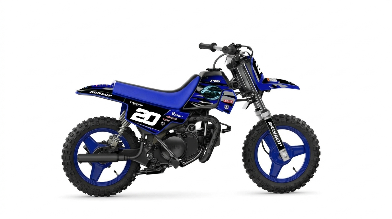 Yamaha PW50 Royal Blue & Silver Apex Custom Motocross Full Coverage Graphics Kit installed on a dirt bike