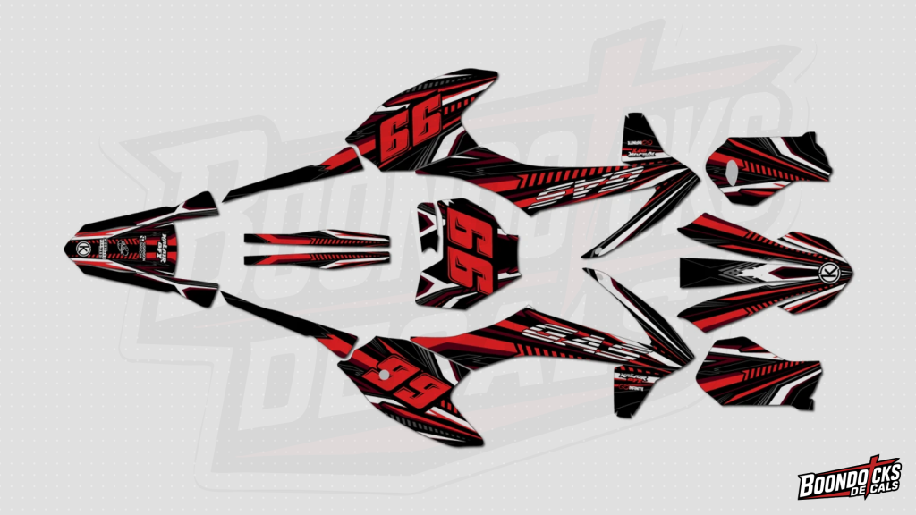 Gasgas MC-E 5 graphics kit in red and black Design 39 with race number 66 installed on dirt bike plastics, Gasgas MC-E 3 graphics kit in red and black Design 39 with race number 66 installed on dirt bike plastics, Gasgas MC50 graphics kit in red and black Design 39 with race number 66 installed on dirt bike plastics, Gasgas MC65 graphics kit in red and black Design 39 with race number 66 installed on dirt bike plastics, Gasgas MC85 graphics kit in red and black Design 39 with race number 66 installed on dirt bike plastics