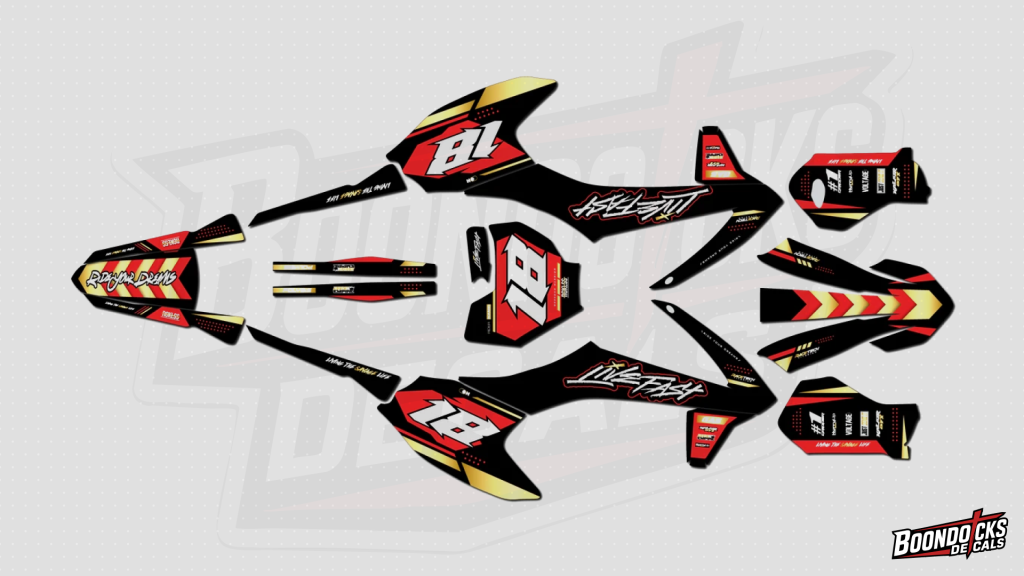 Gasgas MC-E 5 graphics kit in gold, red and black Design 40 Live Fast theme with race number 18 installed on dirt bike plastics Gasgas MC-E 3 graphics kit in gold, red and black Design 40 Live Fast theme with race number 18 installed on dirt bike plastics