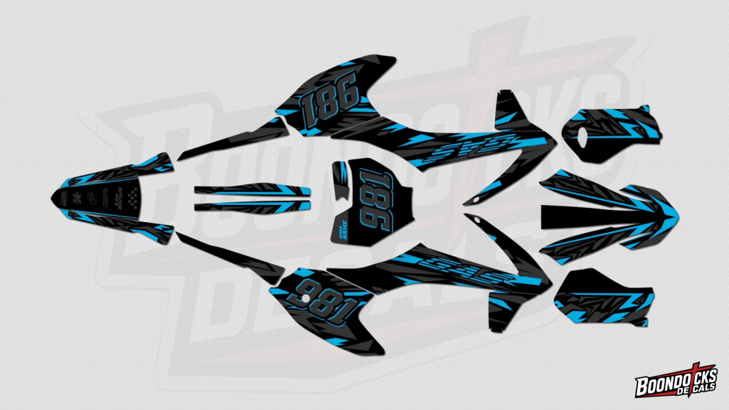 Gasgas MC-E 5 graphics kit in electric blue and white Design 42 with race number 981 installed on dirt bike plastics Gasgas MC-E 3 graphics kit in electric blue and white Design 42 with race number 981 installed on dirt bike plastics
