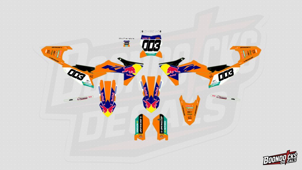 KTM SX-E 5 graphics kit Red Bull Factory racing design with race number 003 and sponsor logos