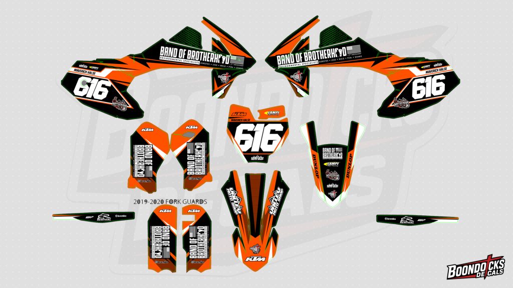 M SX-E 5 graphics kit Band of Brotherhood orange theme with rider race number 616 full decal set layout
