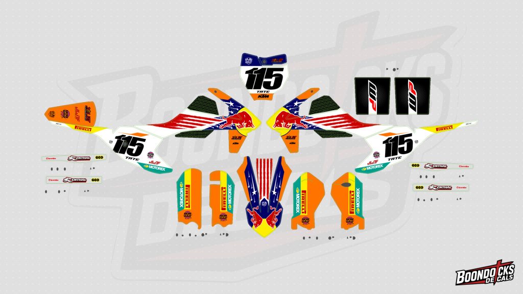 KTM SX-E 5 graphics kit patriotic stars and stripes design with race number 115 and sponsor logos