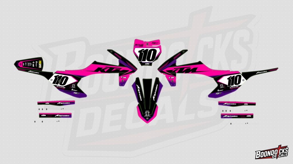KTM SX-E 5 graphics kit hot pink and purple fade design with race number 110 and sponsor logos