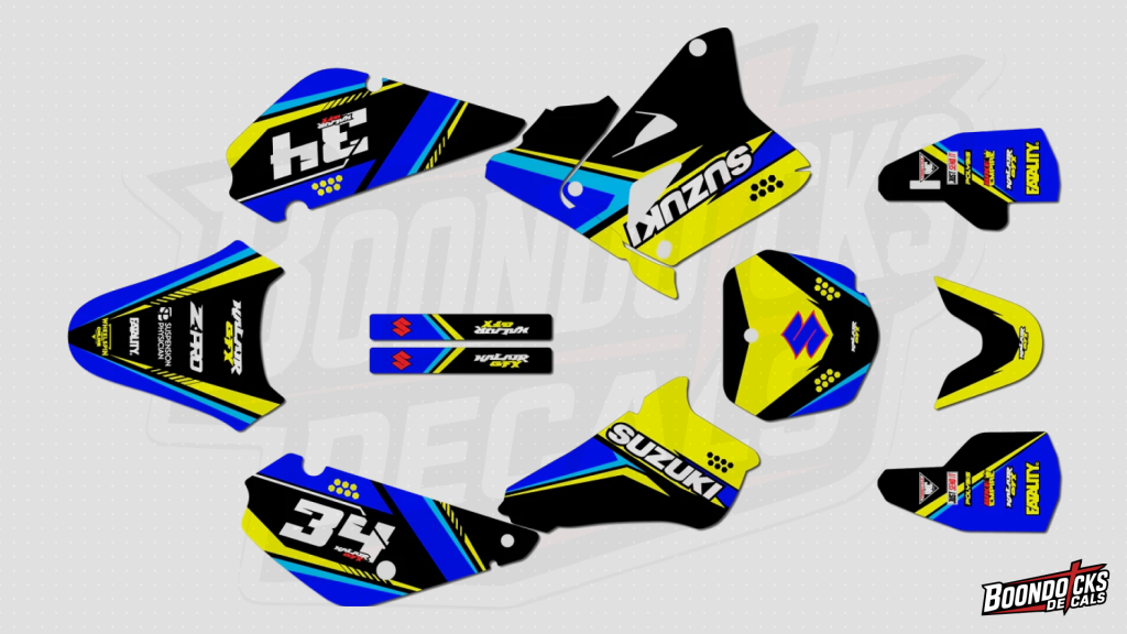 Suzuki RM85 graphics kit featuring custom race number 34 in Apex Neon design theme installed on motocross bike plastics.