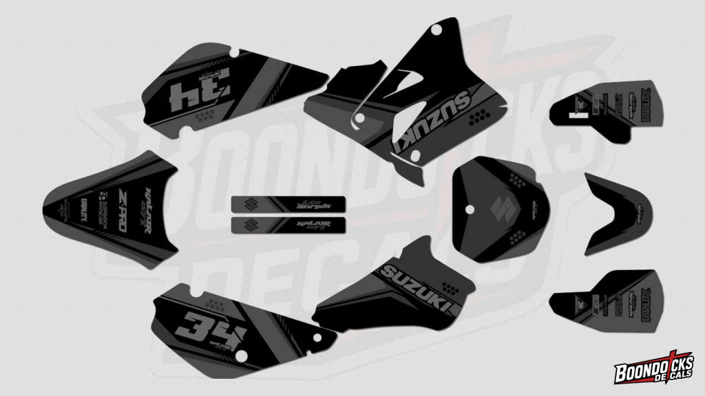Suzuki RM85 graphics kit in stealth carbon design with #34 race number installed on dirt bike plastics