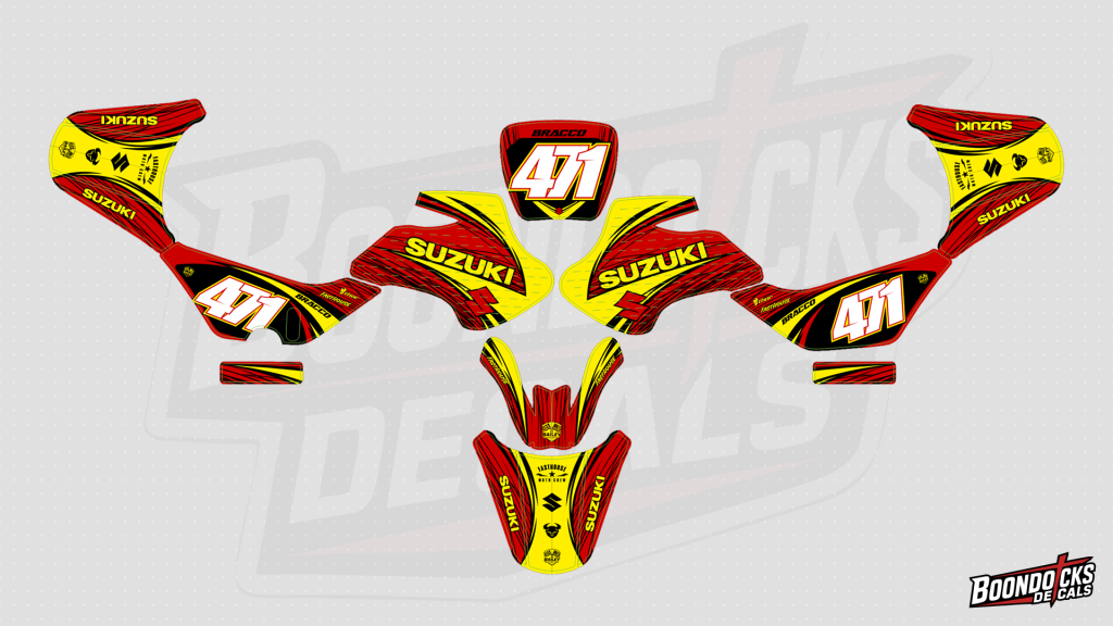Suzuki RM85 graphics kit in red and yellow design with #471 race number installed on dirt bike plastics