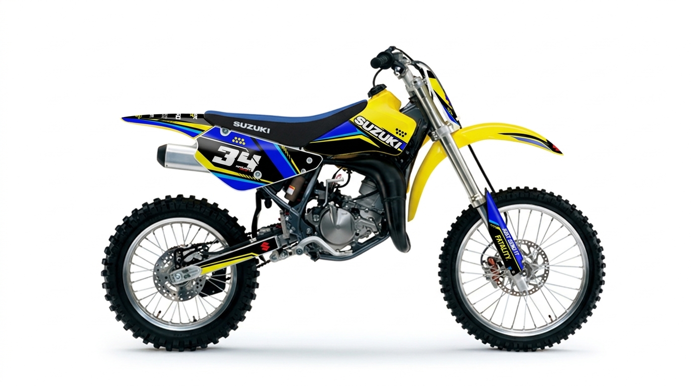Suzuki RM85 Graphics Kit – Apex Neon Theme #34 Race Edition installed on a dirt bike