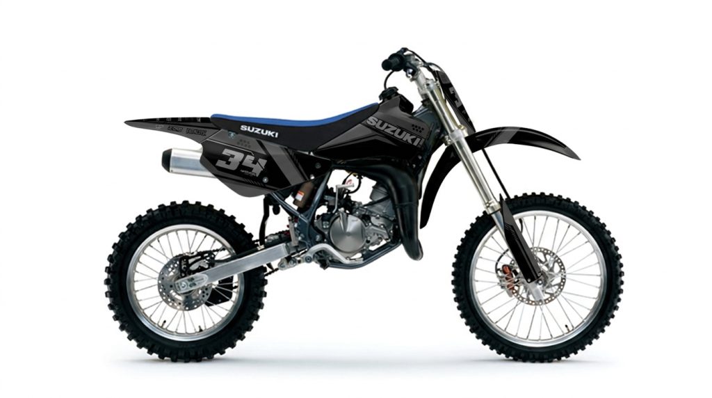 Suzuki RM85 Graphics Kit | #34 Stealth Carbon Race Theme installed on a dirt bike