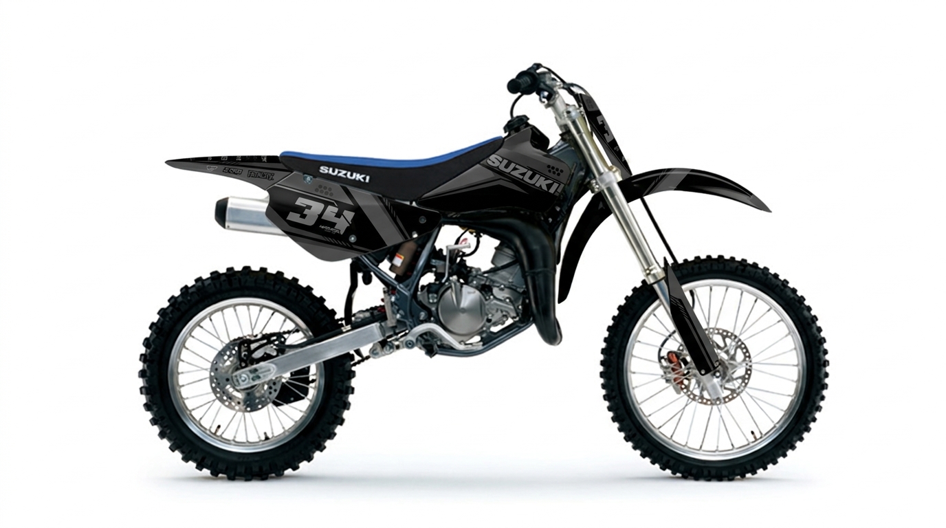 Suzuki RM85 Graphics Kit | #34 Stealth Carbon Race Theme installed on a dirt bike