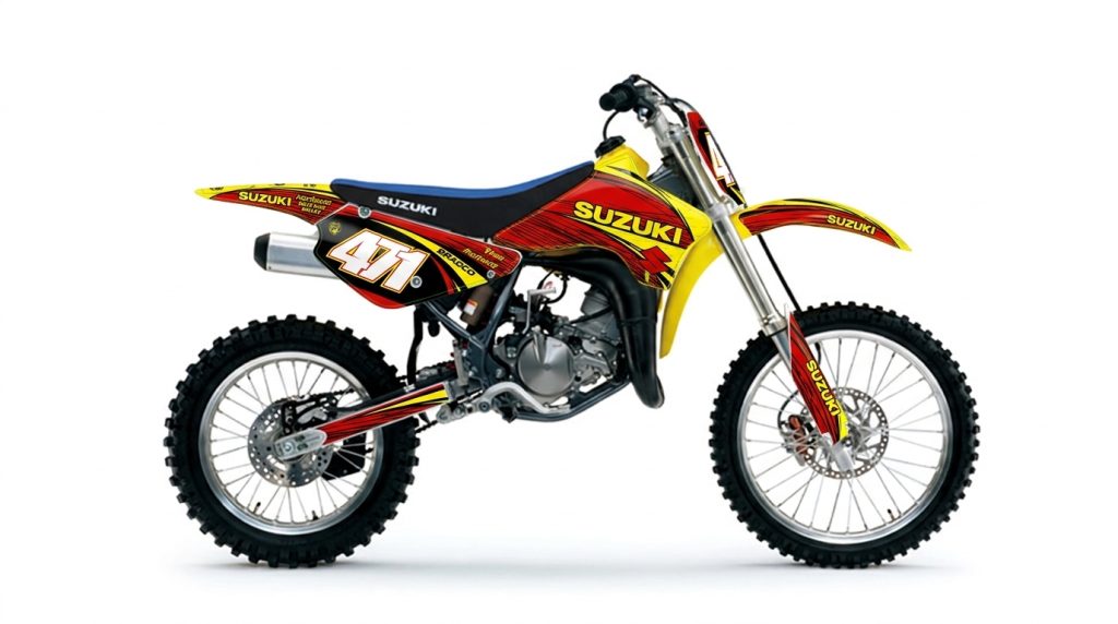 Suzuki RM85 Graphics Kit | #471 Red & Yellow Factory Race Theme installed on a dirt bike